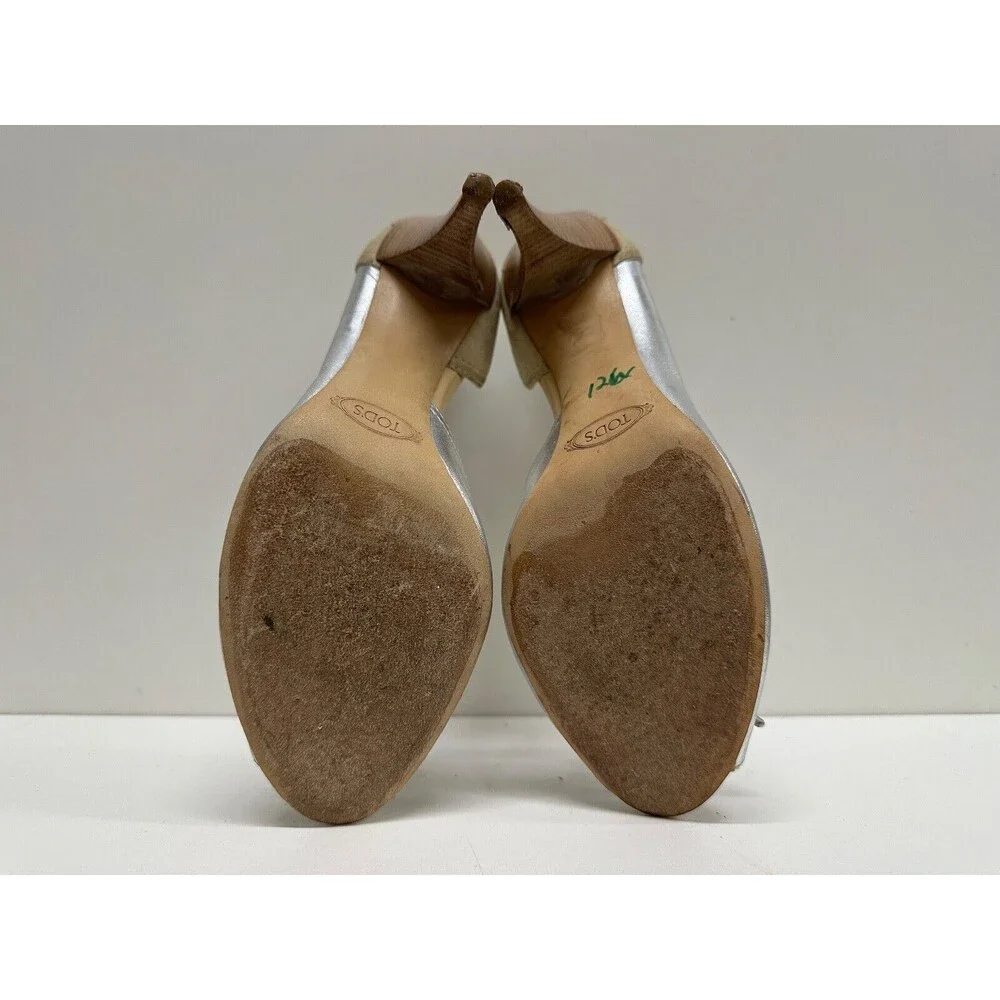 TOD'S women size 6.5 open Toe slip on silver & beige leather & suede pumps